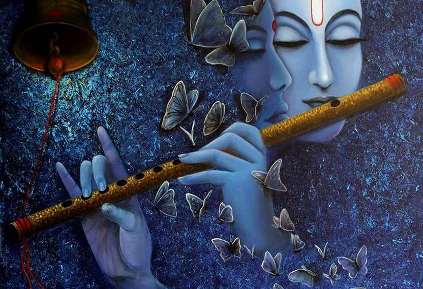 Lord Radhe Krishna Playing Flute Blue Painting Poster Print Poster On Large Print 36x24 Inches Photographic Paper