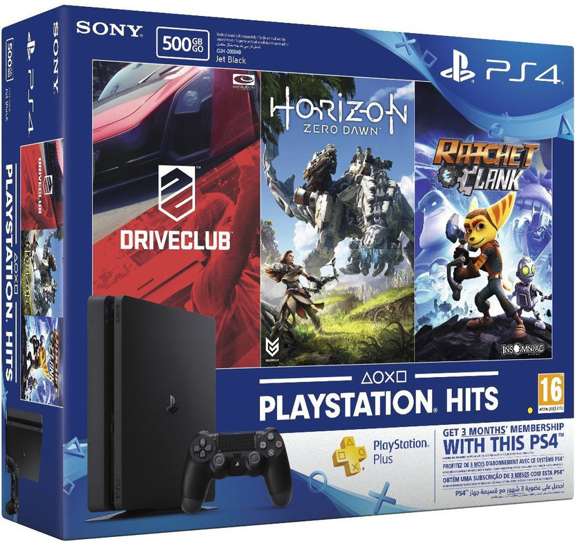 SONY PlayStation 4 (PS4) Slim 500 GB with Horizon Zero Dawn, Drive Club and Ratchet & Clank(Jet Black)