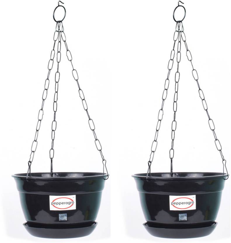 Pepper Agro Hanging Planter With Metal Chain And Base Plate Black