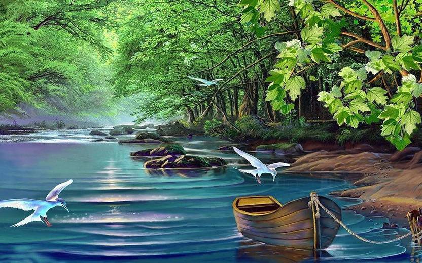Beautiful Landscape River Green Trees Birds Boat Wallpaper