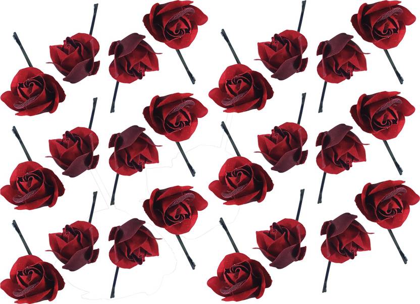 Kabello Bright Red Rose Flower Hair Clips Pack Of 24 Pieces