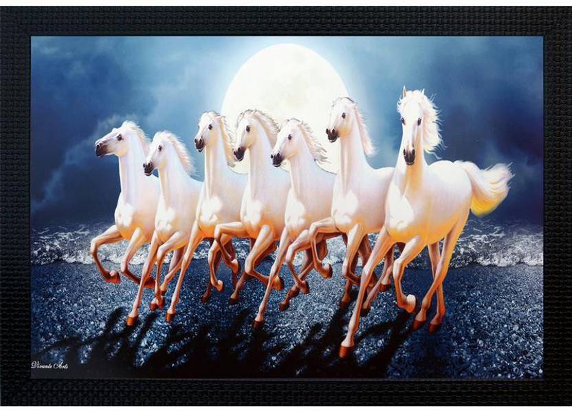 Janki Lucky Seven 7 White Running Horses Vastu Wall Painting Canvas Painting