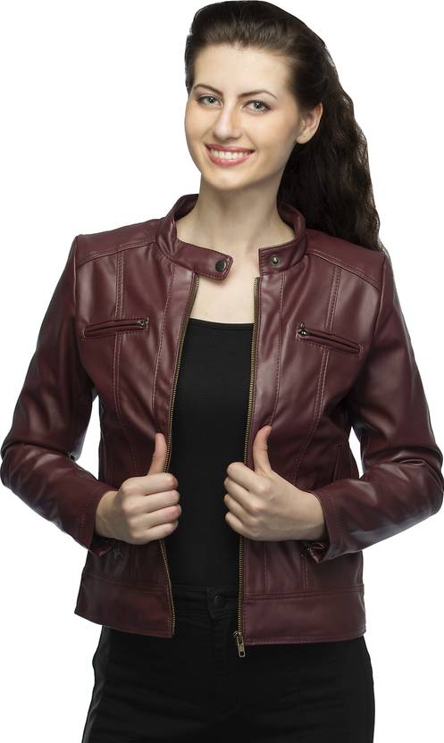 Lambency Full Sleeve Solid Women Biker Jacket Maroon Lambency Full Sleeve Solid Women Biker Jacket
