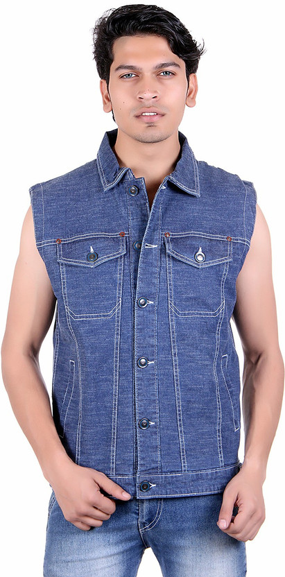 Half Sleeve Solid Men Denim Jacket 