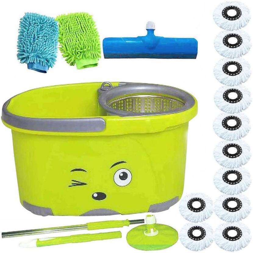 CREZON WHEEL SMILEY SHEEP EYE STEEL SPINNER MOP WITH 11 HEADS WITH 2 CLEANING GLOVES ((RANDOM