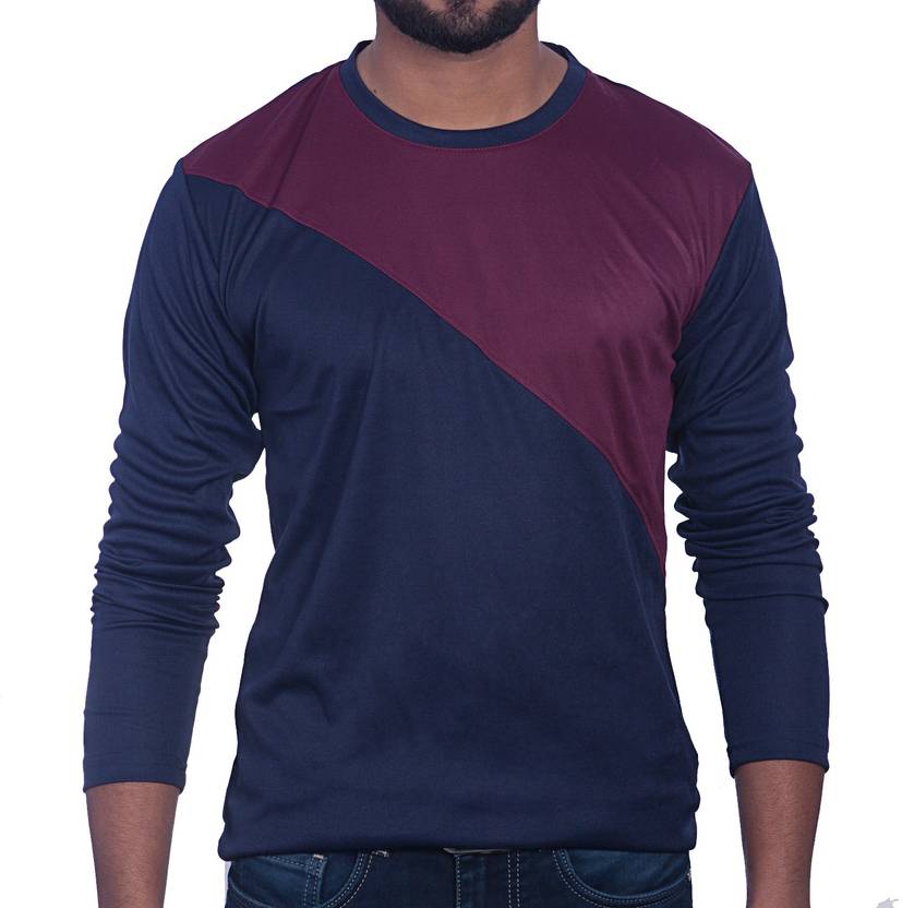 Styleco Color Block Men Round Neck Dark Blue Maroon T Shirt