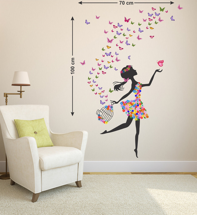 Aquire Aquire 100 cm Wall Stickers Dreamy Girl with Flying Colorful Butterflies Self Adhesive Sticker(Pack of 1) - Flipkart Deal