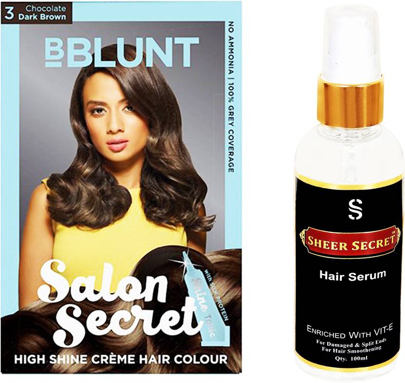 Bblunt Chocolate Dark Brown Salon Secret High Shine Creme Hair Colour No 3 With Sheer Secret Hair Serum
