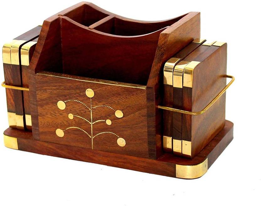 Woodcart 3 Compartments H Ndmade Wooden Desk Organizer Tea Coaster Coasters Set Of 6 Pen Stand Business Card Holder With Brass Work Office