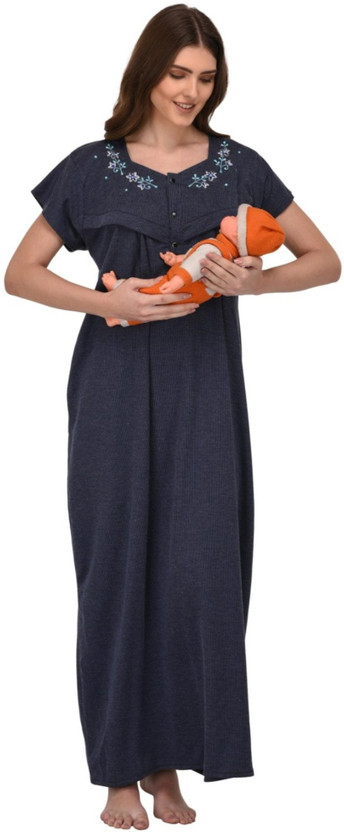 Fabme Women Maternity/Nursing Nighty(Dark Blue)