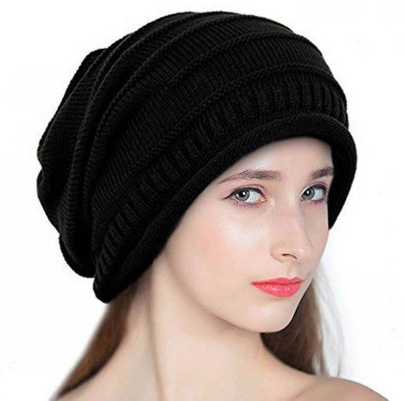 Babji Black Slouchy Woolen Long Beanie Cap For Winter Skull Head