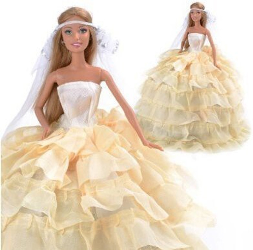 White Strapless Ball Gown with Tiny Blue Flowers Made to Fit Barbie Doll