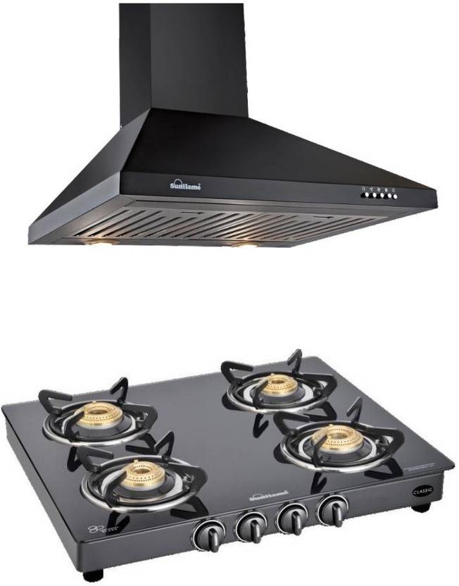 Sunflame Classic 4 Burner BK Gas Stove and Venza BK 60 SS BF 1100 m3/hr