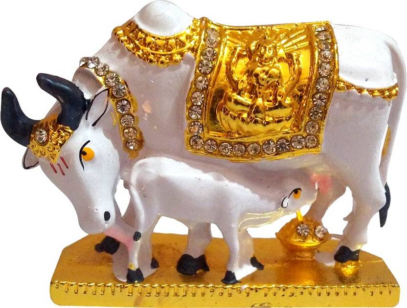 Vintan Religious Kamdhenu Cow God Cow Calf Idol Handicraft Statue Home Room Office Temple Mandir Murti Decor Diwali Return Gift Item Decorative