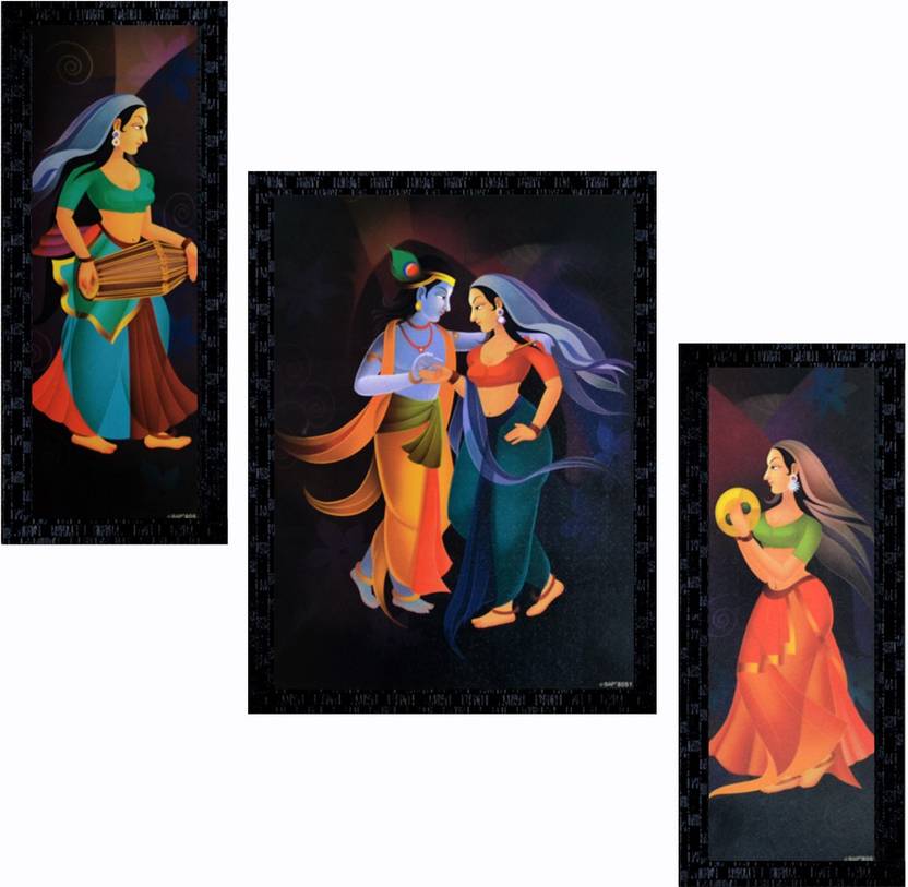 Janki Set Of 3 Beautiful Radha Krishna Dancing Modern Art Decorative Wall Painting Canvas 14 Inch X 11 Inch Painting