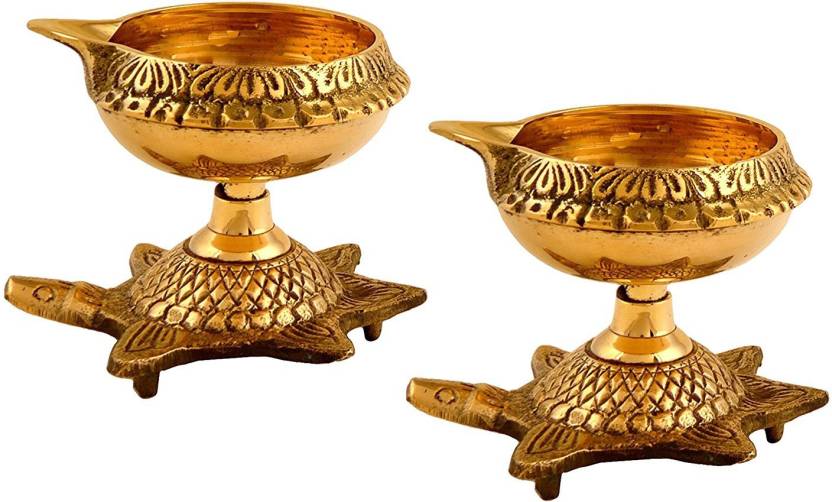 Dreamkraft Brass Handmade Engraved Design Kuber Diya Oil Lamp With Turtle Base For Puja Home Décor Brass Table Diya