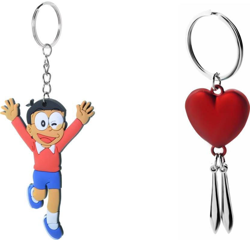 Three Shades Doraemon Nobita Key Chain Red Heart With Silver