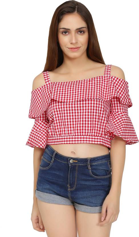 Chimpaaanzee Casual Bell Sleeve, Cold Shoulder Checkered Women's Red, White Top