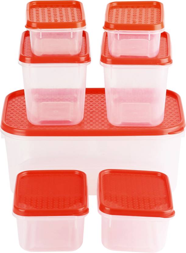All Time Polka - 125 ml, 250 ml, 400 ml, 1800 ml Plastic Grocery Container (Pack of 7, Red)
