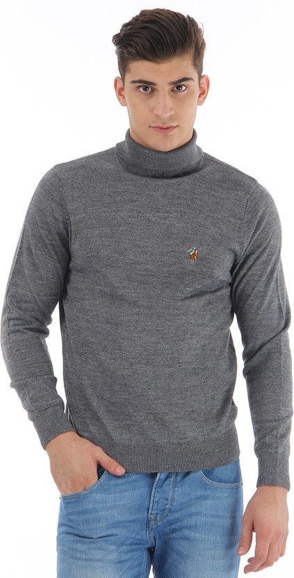 Turtle Neck Casual Men Grey Sweater 