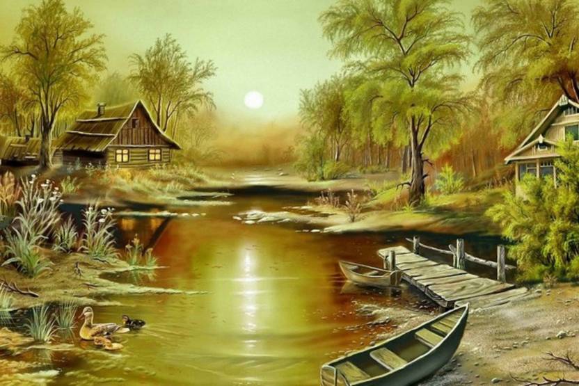 Exclusive Azohp2226 Landscape Art River Boat Grass Trees