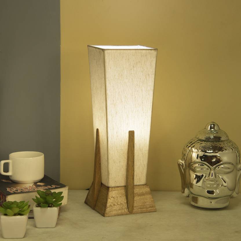 Homesake Bedside Table Lamp Retro Style Mango Natural Wood Pyramid Table Lamp With Khadi Fabric Shade Nightstand Mini Desk Lamps For Bedroom Living