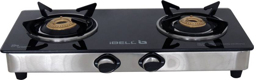 Ibell 2 Burner Glass Top Gas Stove Black Glass Manual Gas Stove