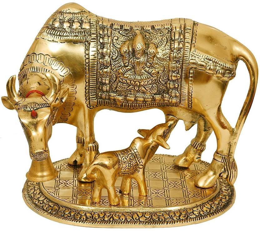 dtc Metal Golden Kamdhenu Cow With Calf Statue,Cow and Calf Idol,Good