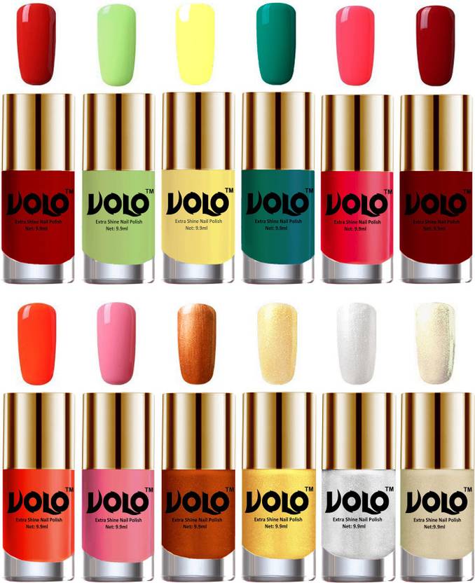 Volo Luxury Super Shine Nail Polish Set Of 12 Vibrant Shades Reddish Orange Parrot Green Yellow Radium Green Carrot Red Red Coral Light Pink Red Gold Golden Metallic Silver Light Golden