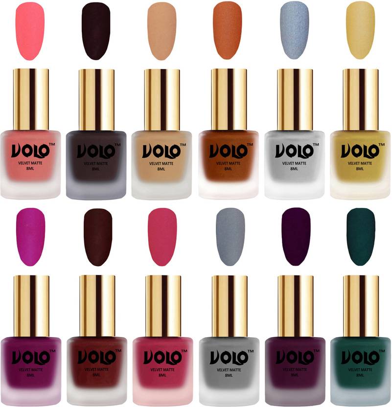 Volo Velvet Dull Matte Bold Colors Nail Polish Combo In Wholesale Rate Dark Peach Dark Wine Skin Nude Metallic Coral Metallic Silver Metallic