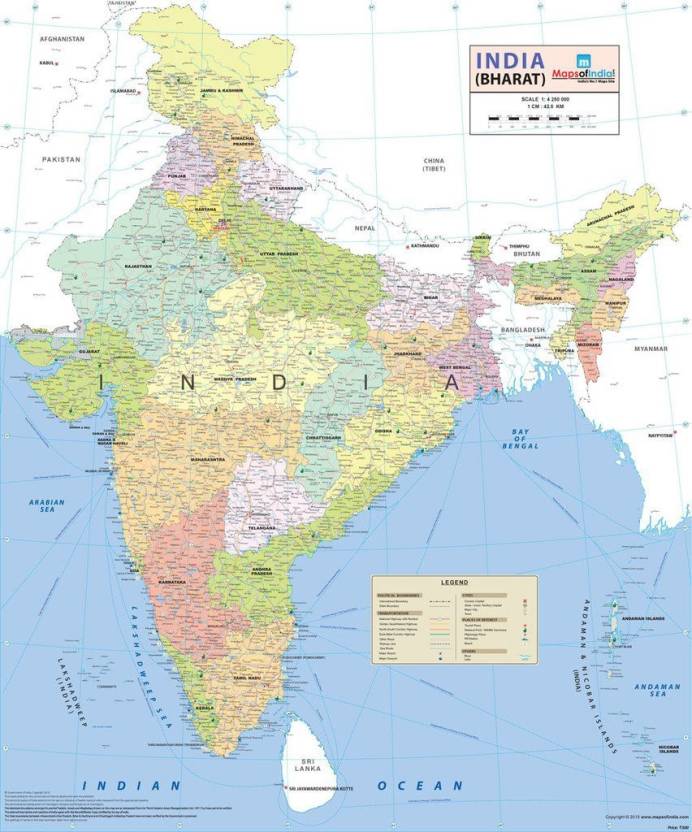 India Detailed Map Vinyl - Fine Art Print (32.6 inch X 27.5 inch ...