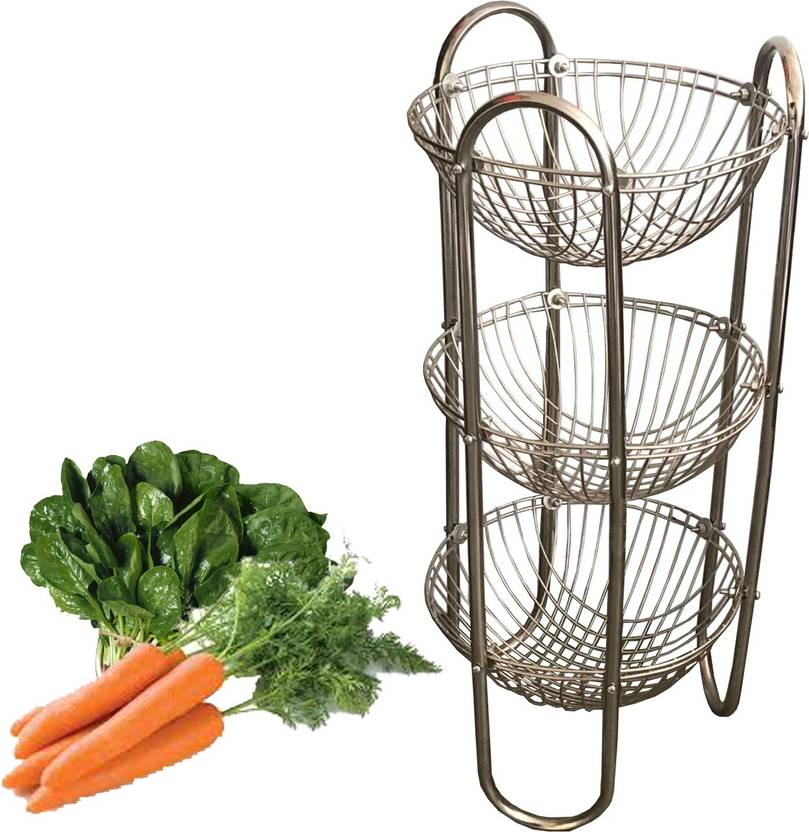 Kuber Industries Stainless Steel Three Tier Fruits Vegetables Kuber Industries Stainless Steel Three Tier Fruits Vegetables Round Trolley Multipurpose Kitchen Storage Shelf