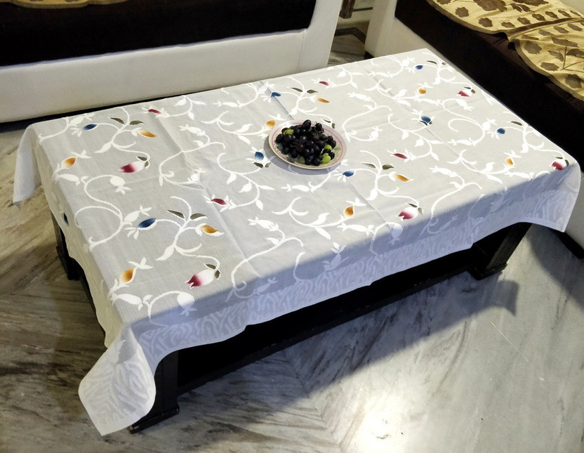 LooMantha Cotton 4 Seater Floral Table Cover(White)