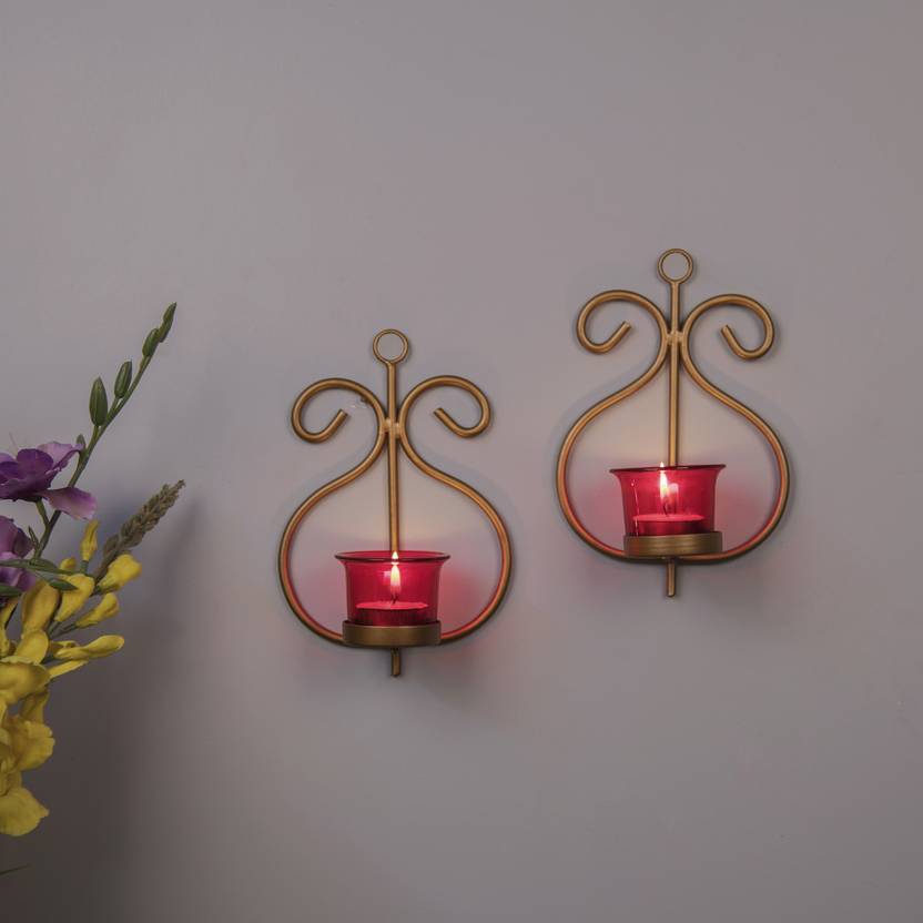 Homesake Set Of 2 Decorative Golden Wall Sconce Candle Holder With Homesake Set Of 2 Decorative Golden Wall Sconce Candle Holder With Red Gl And Free
