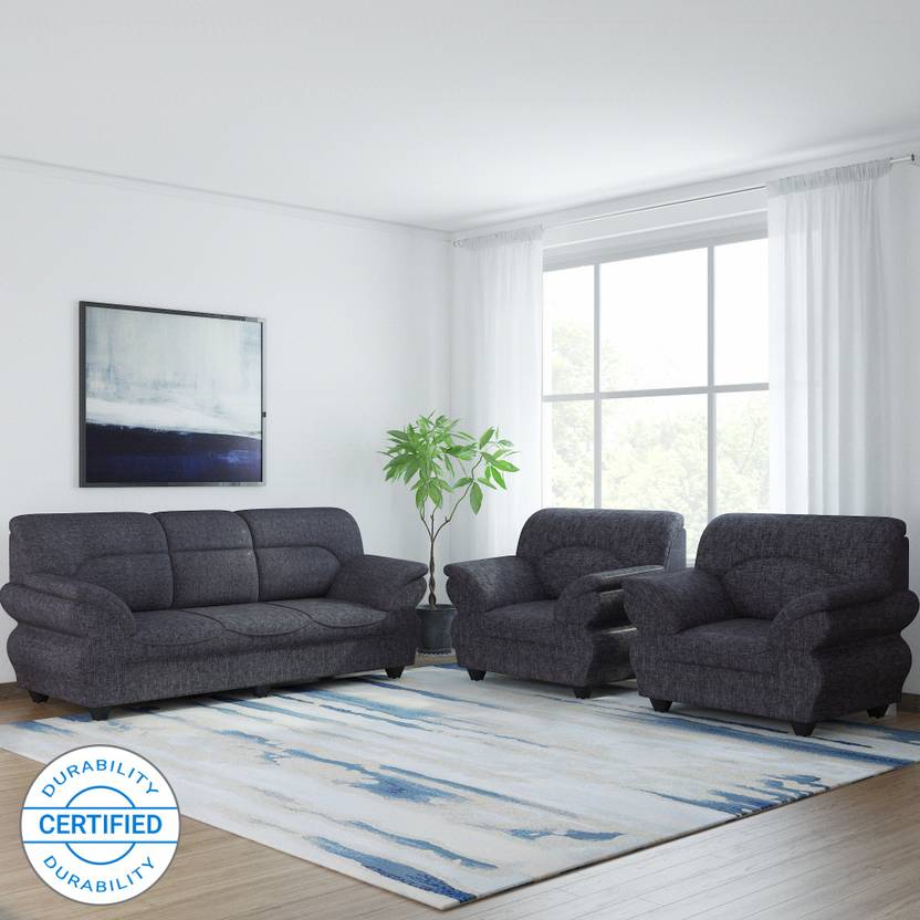Bharat Lifestyle 107 Fabric 3 1 Dark Grey Sofa Set