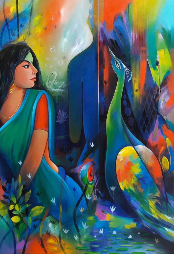 Digital Painting Peacock Gossip With Women Wall Poster Print