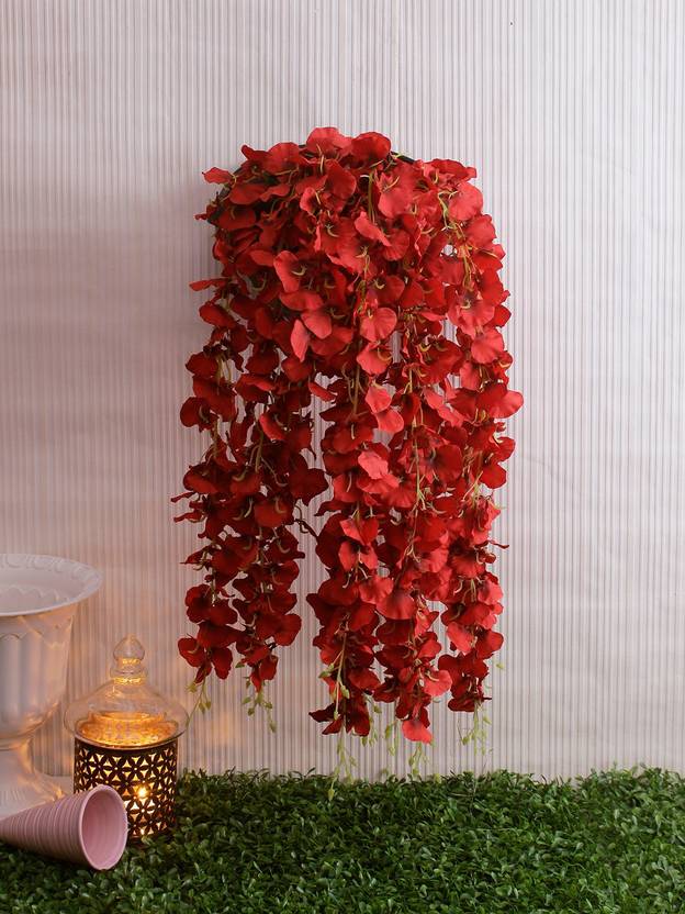 Fourwalls Artificial Hanging Dancing Orchid Flower Bush 85 Cm Long 5 Branches Red Set Of 2 Orchids