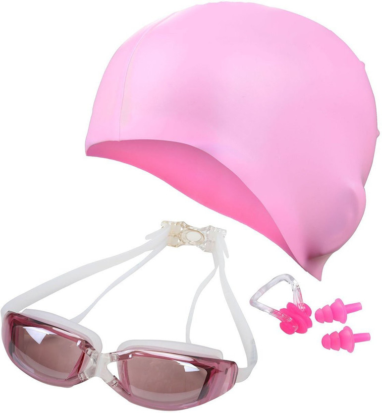 Adult Junior Swimming Goggles UV Antifog Swim Cap Ear Plugs Nose Clip Combo Set