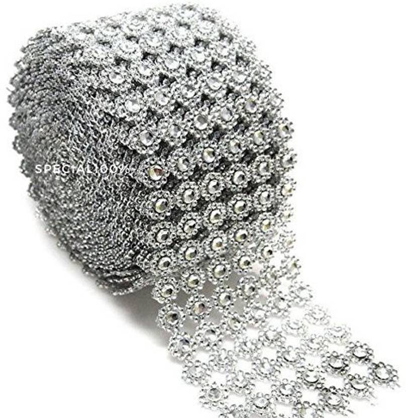 Special Silver Mesh Ribbon Flower Shape Rhinestone Ribbon Mesh