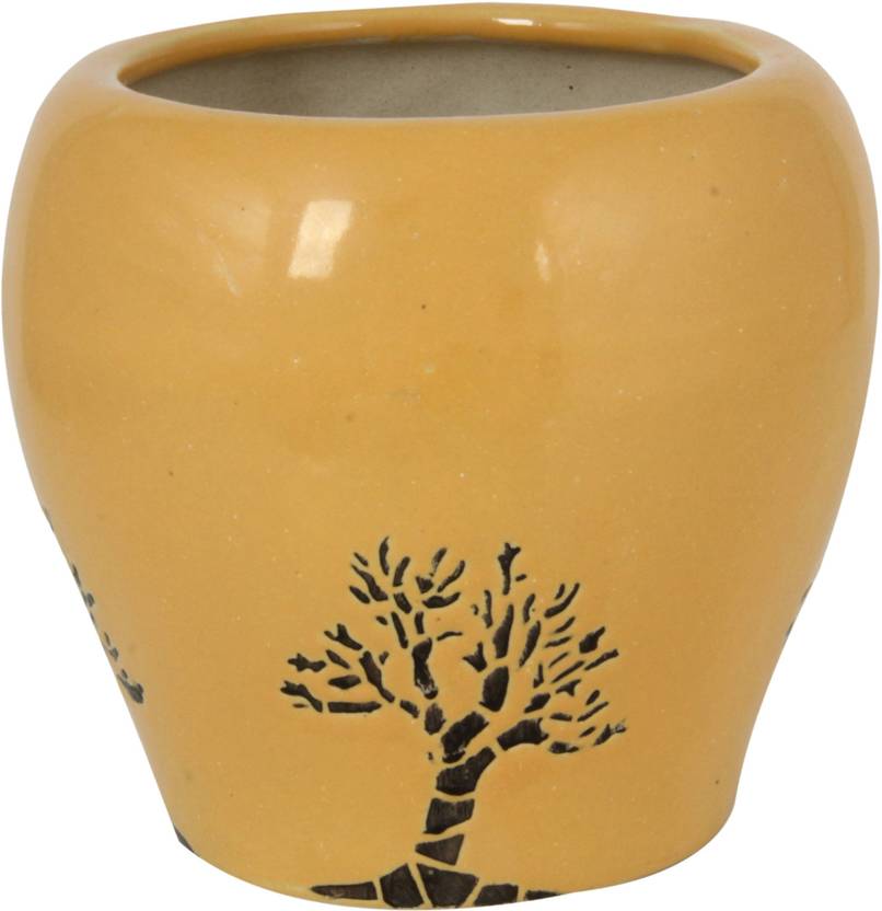 Divine Tree Yellow Kullad Shape Ceramic Flower Pot Ceramic