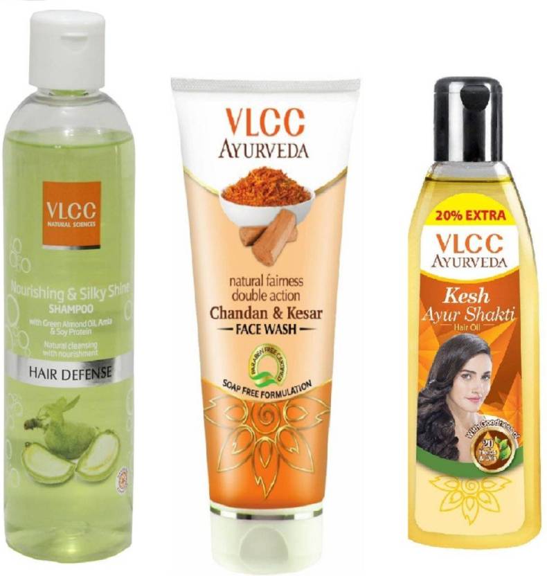 VLCC Nourishing & Silky shine shampoo 350ml + Ayurveda Ayur shakti hair oil 100ml + Chandan & Kesar face wash 100ml (Set of 3)