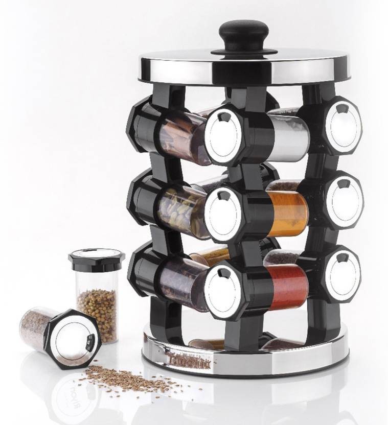 New Stainless Steel 16Pc Revolving Spice Rack Stand Rotating Glass Storage Set