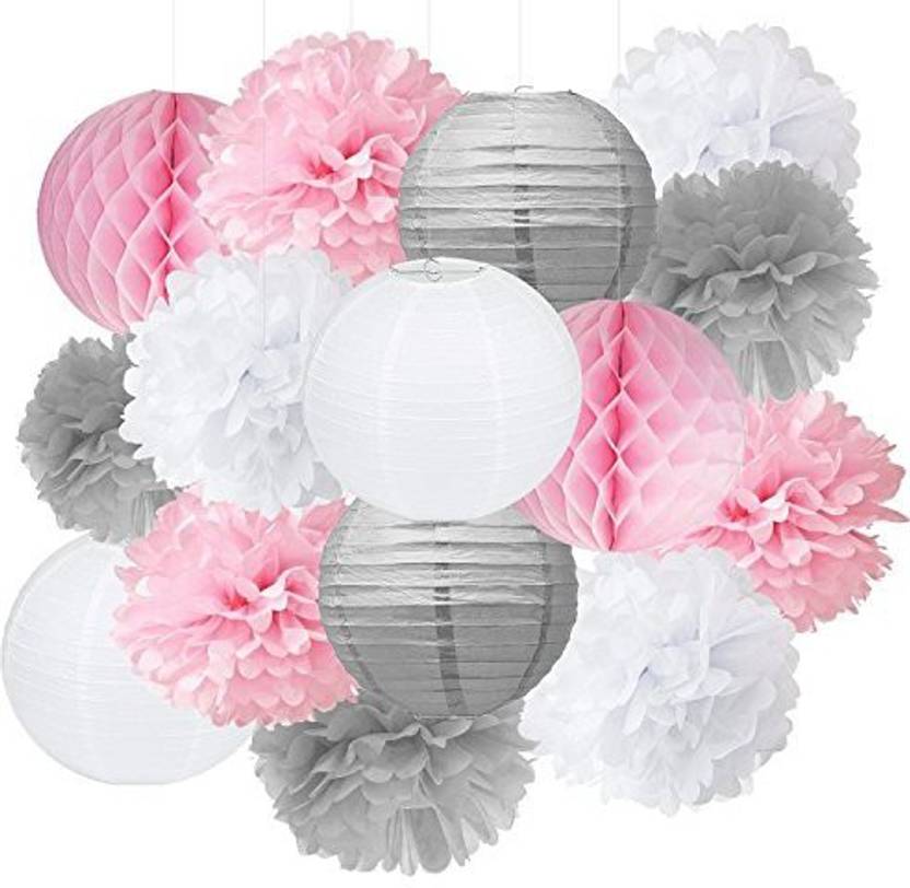 Furuix 15pcs Pink Grey White Party Decoration Kit Tissue Paper Pom