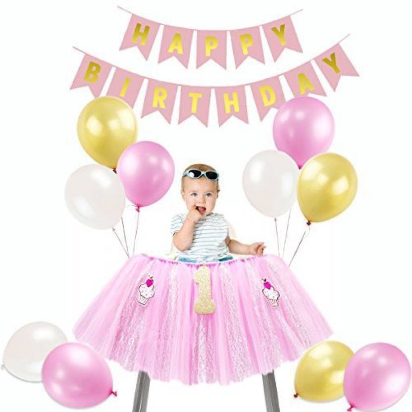 Kumeed Tutu High Chair Skirt Happy Birthday Banner Balloons Set
