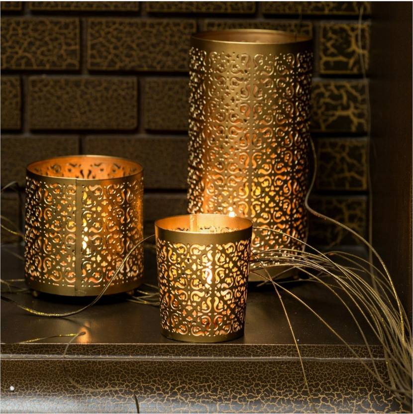 Lighthaus Candle Holders Metallic Gold Set of 3 with FREE 12 Scented