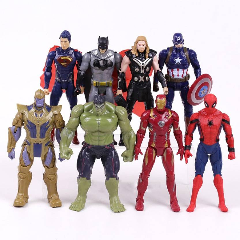 Imodish Marvel Avengers Infinity War Set Of 8 Spiderman Iron Man Hulk Thor Captain America Batman Thanos Superman 17cms Action Figure Toys Set