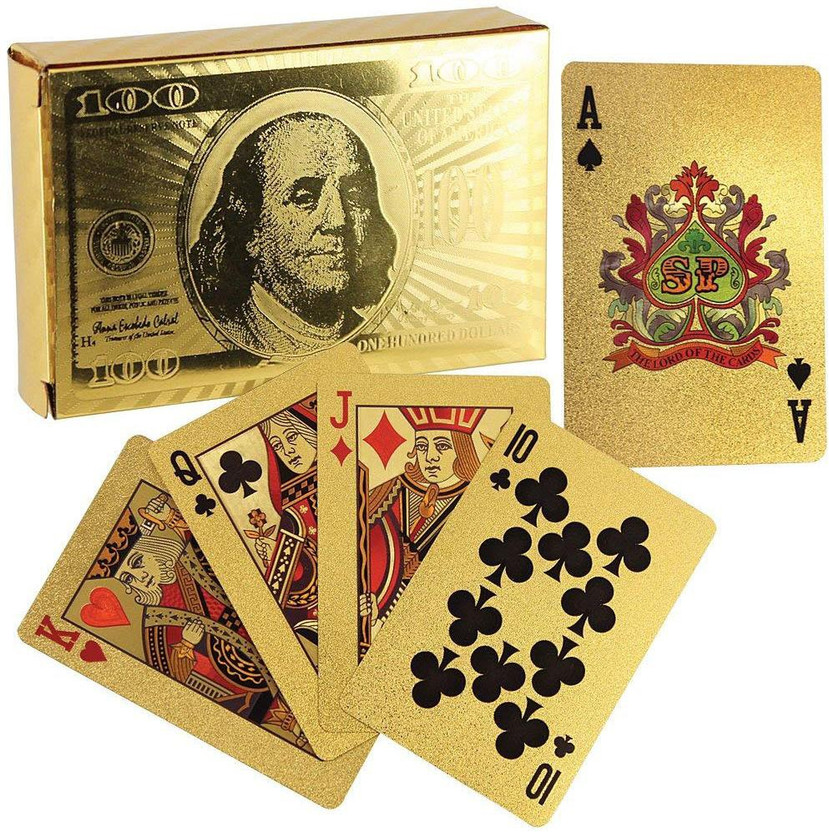 24K Gold Foil Plated Poker Playing Cards 100 Benjamin Certificate