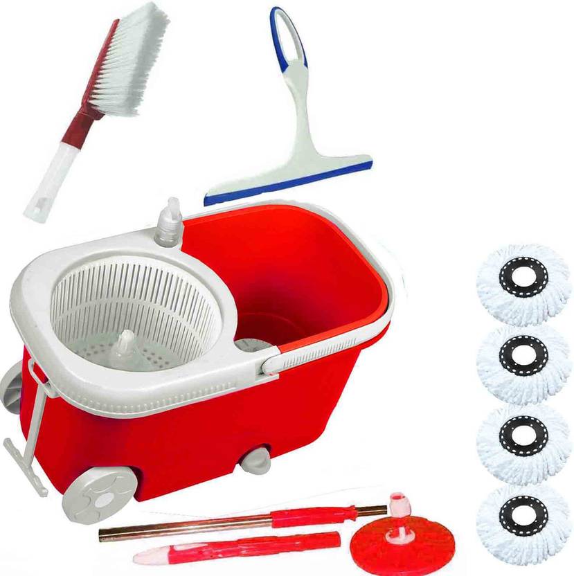 CREZON Heavy Duty WHEEL Mop with 4 refills & glass wiper & carpet