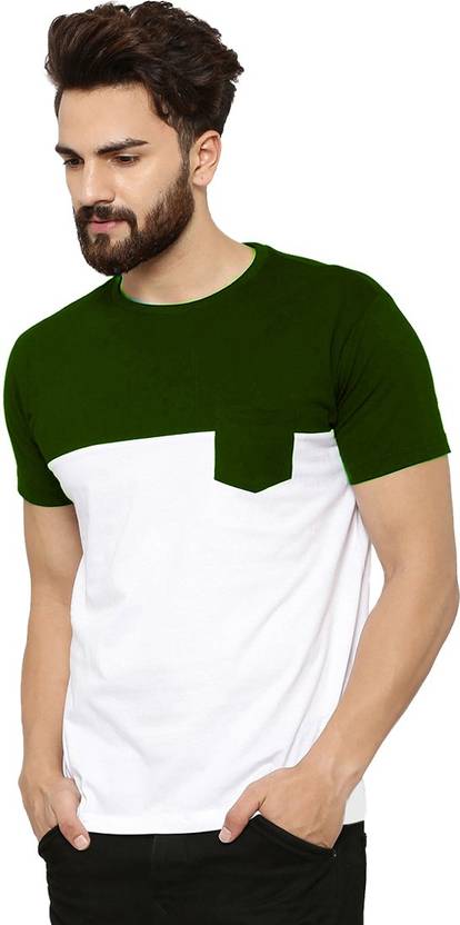 Matt Pie Color Block Men Round Neck Dark Green White T Shirt