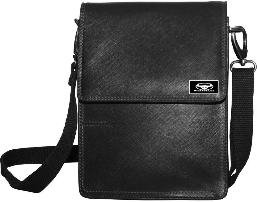 Walletlee Men Women Formal Black Genuine Leather Sling Bag Black